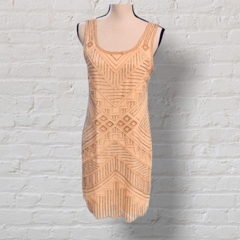 Romeo & Juliet Couture Apricot Peach Beaded Art Deco Design Sleeveless Dress